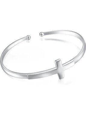 Sterling Silver Sideways Cross Bangle Bracelet - Engraved Faith Hope Love Gift